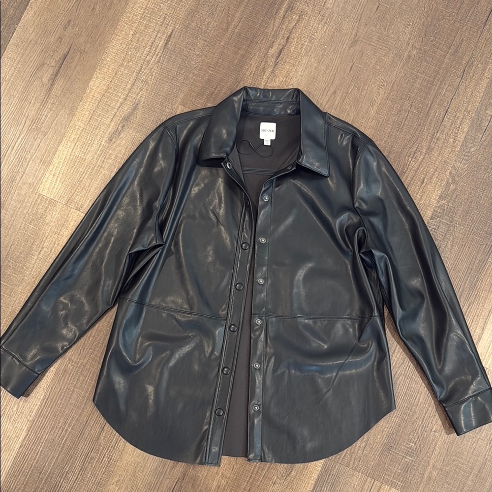 NIC+ZOE Black faux leather Lightweight Shirt Jacket with Spread Collar - Picture 2 of 9
